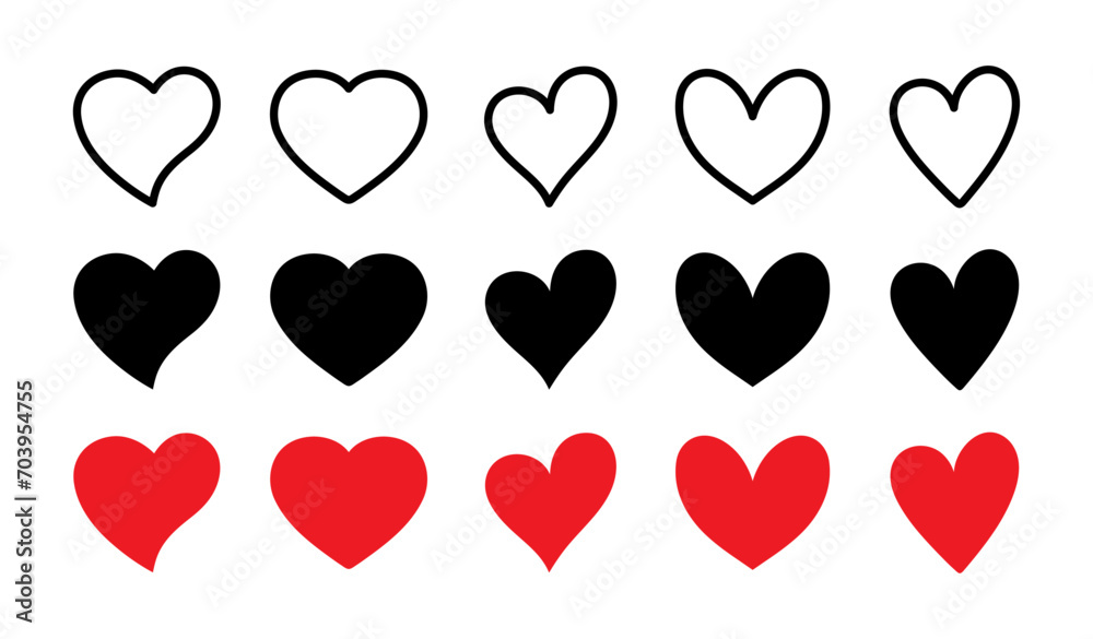 Set of hearts stroke and fill style in black and red color,  Red heart icons set vector, Black heart set with line art. Set of 15 hearts of different shapes for web. Heart collection. Vector Art