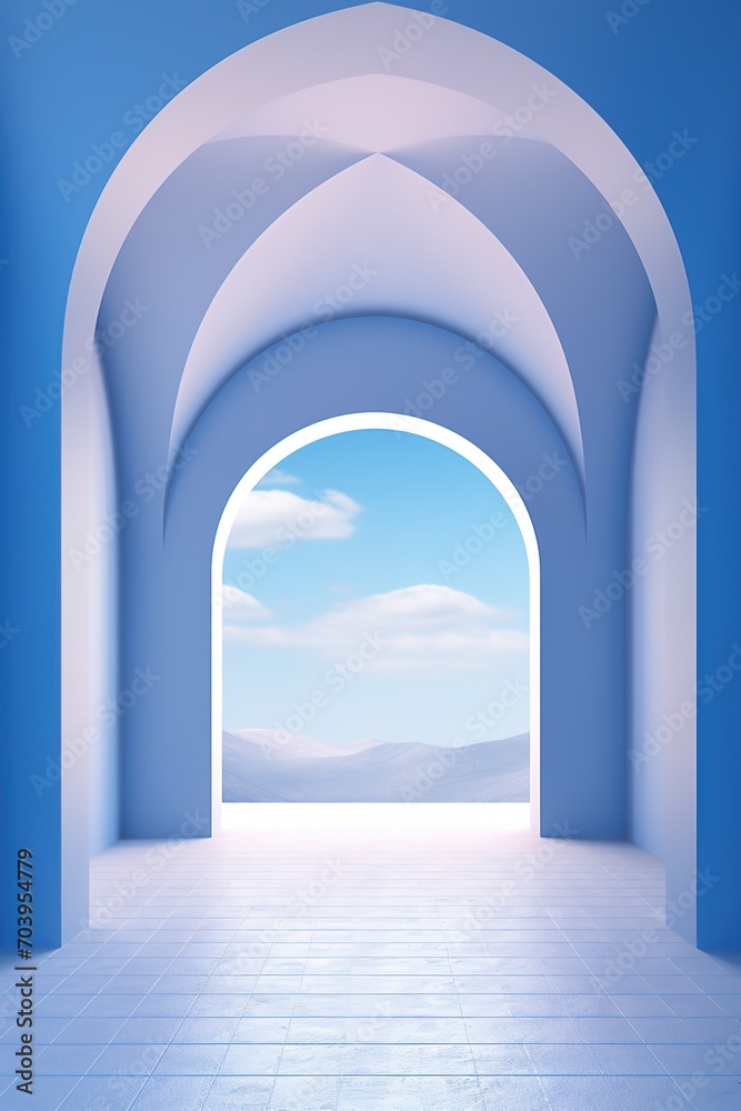 Vertical architectural background. A blue walls with a large arched passage with a clear sky at the end.