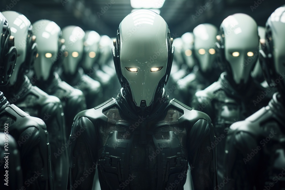 Android with glowing eyes, similar to a person in a warehouse among the same turned off robots Android with glowing eyes, similar to a person in a warehouse among the same turned off robots