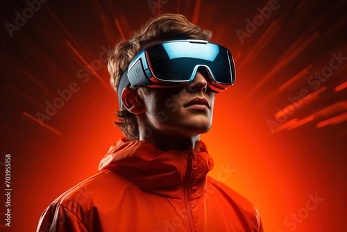 Young serious guy wearing vr glasses on modern vivid red virtual background © Маргарита Вайс