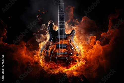 An orange guitar burns with a hot flame on a black background. Rock metal punk background