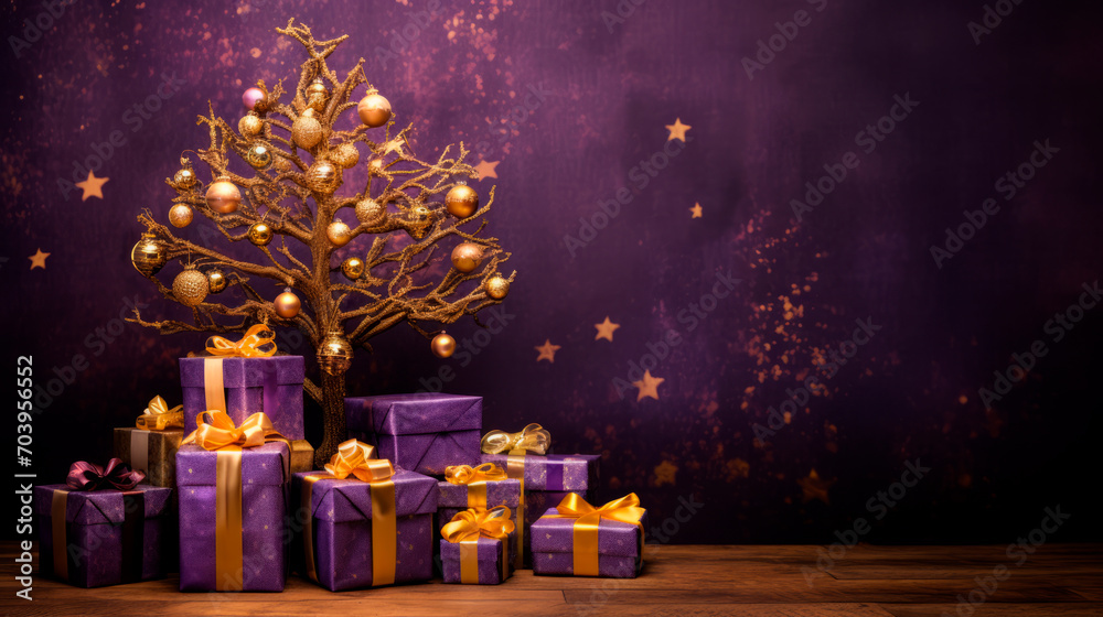 festive luxe backdrop featuring ornate Christmas tree adorned with gold bows, twinkling lights stands surrounded collection of elegantly wrapped purple, gold gifts. Luxury gift elegant favors. Banner