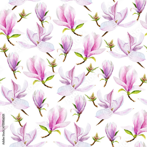 Romantic, floral pattern with magnolia on a white background. Magnolia, magnolia buds leafing through a gentle, floral background. Floral texture for fabrics, textiles, wallpapers.