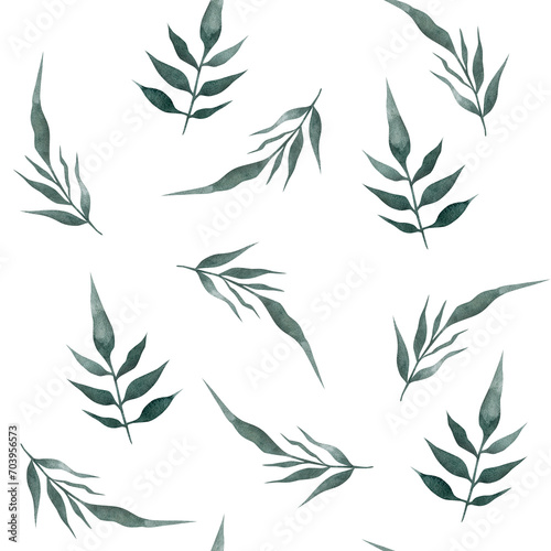 Fototapeta Naklejka Na Ścianę i Meble -  Watercolor greenery seamless pattern with hand-drawn leaves and herbs illustrations. Green leaves on a white background pattern. Nature illustration for wrapping paper, textile, decorations.