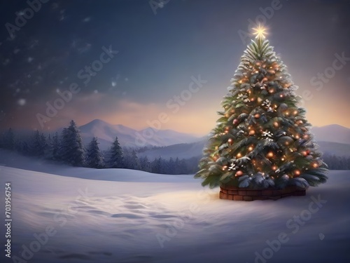 beautiful christmas tree with lights in the snow © AUN STORE