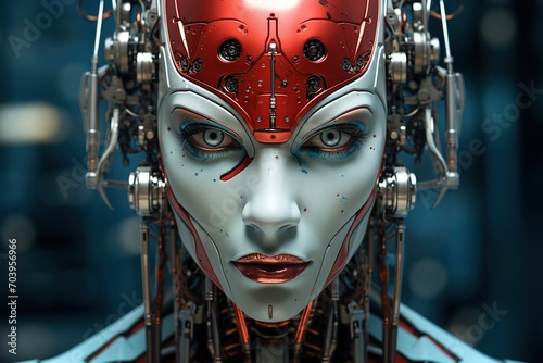 Close up portrait of angry beautiful android woman with red forehead on blurred background