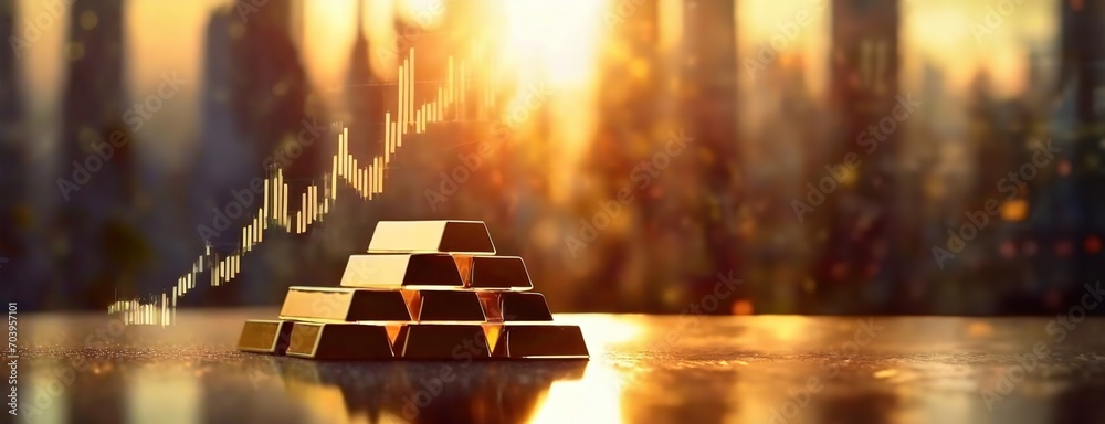 Gold bars in focus with an upward trend graph against a city skyline at sunset. The precious metal shines, hinting at wealth. The bullion's luster suggests a positive market trend in the economy. - obrazy, fototapety, plakaty 