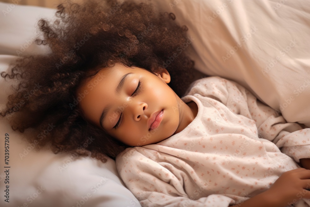 A cute little African child with curly black hair is sleeping on a bed. Close your eyes and have a small, prominent nose. world sleep day concept - generative ai A cute little African child with curly black hair is sleeping on a bed. Close your eyes and have a small, prominent nose. world sleep day concept - generative ai