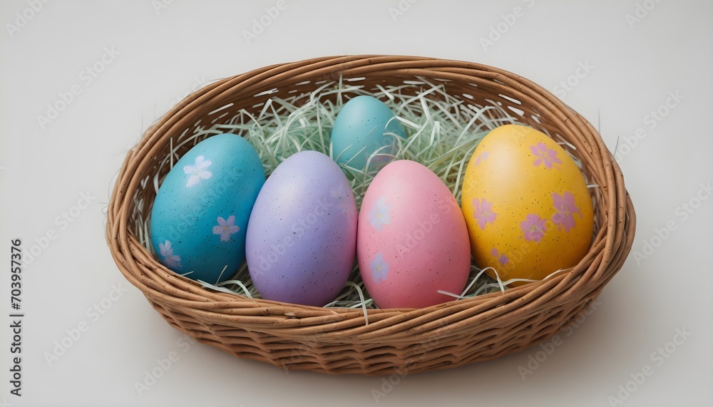 Woven basket full of pastel colored colorful Easter eggs: Happy Easter background with copy space for text