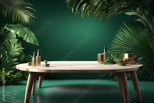 Jungle table background. Interior table for a cosmetic item against the backdrop of tropical plants, palms and jungle. 3d render