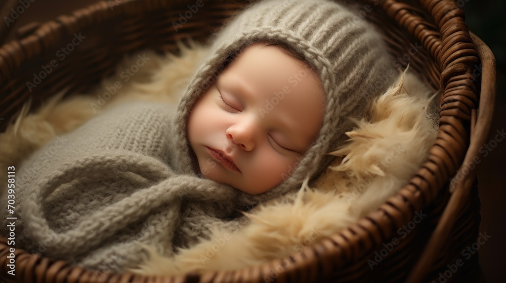 A professional newborn photo shoot of a cute sleeping baby wearing a knitted hat and lying in a basket with fur on a black background. New life, family and children concepts. A professional newborn photo shoot of a cute sleeping baby wearing a knitted hat and lying in a basket with fur on a black background. New life, family and children concepts.