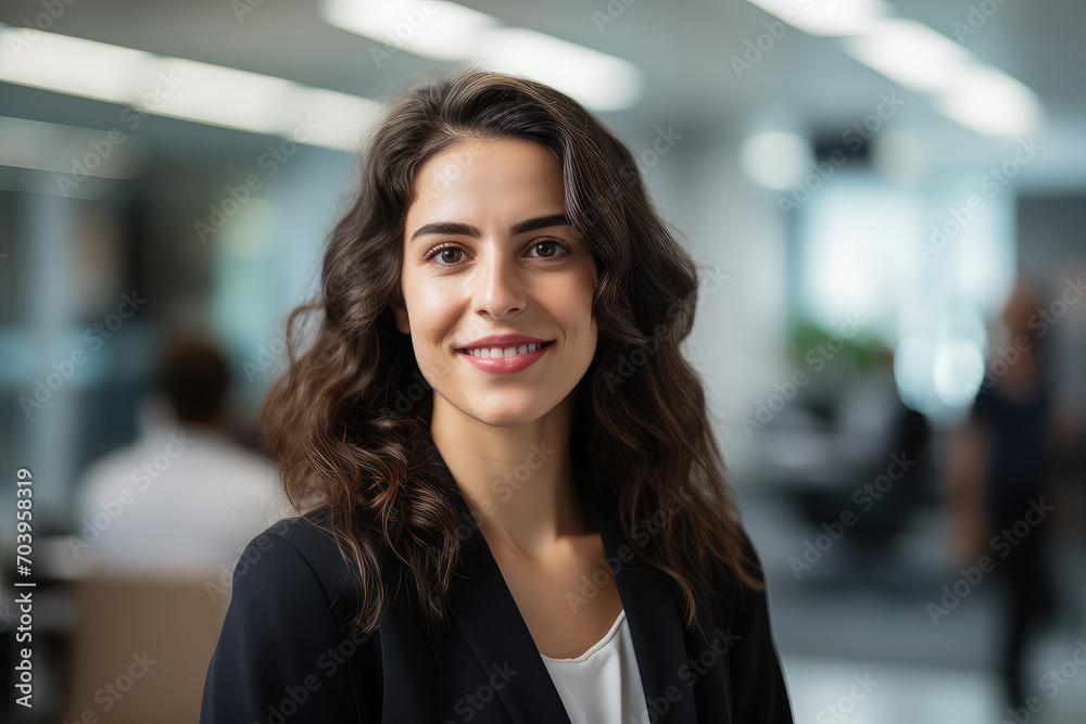 A moment in the life of a stylish and successful woman: smiling and engaging in a business meeting, showcasing professionalism and empowerment.