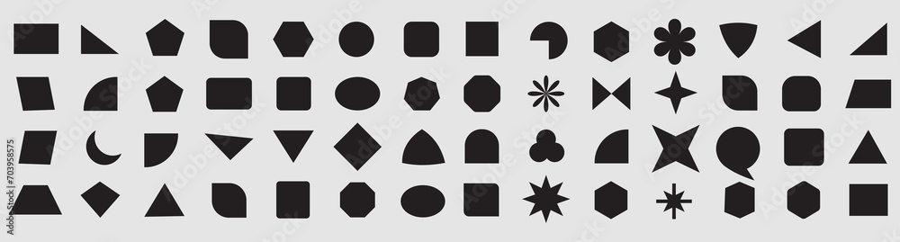 Abstract and vector basic shapes collection. Geometric formal shape. Polygonal elements. Trendy minimalist basic figure, diamond, circles, hexagon, star, triangle flat style. Vector illustration 111