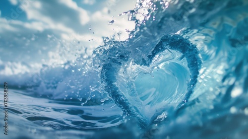 a heart of blue surrounded by waves, in the style of love and romance, rollerwave, romantic emotion photo