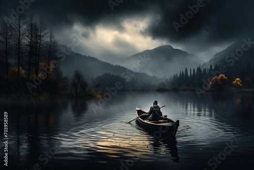 Lone fisherman in a boat at a lake at a dark foggy gloomy weather with mountain forest background