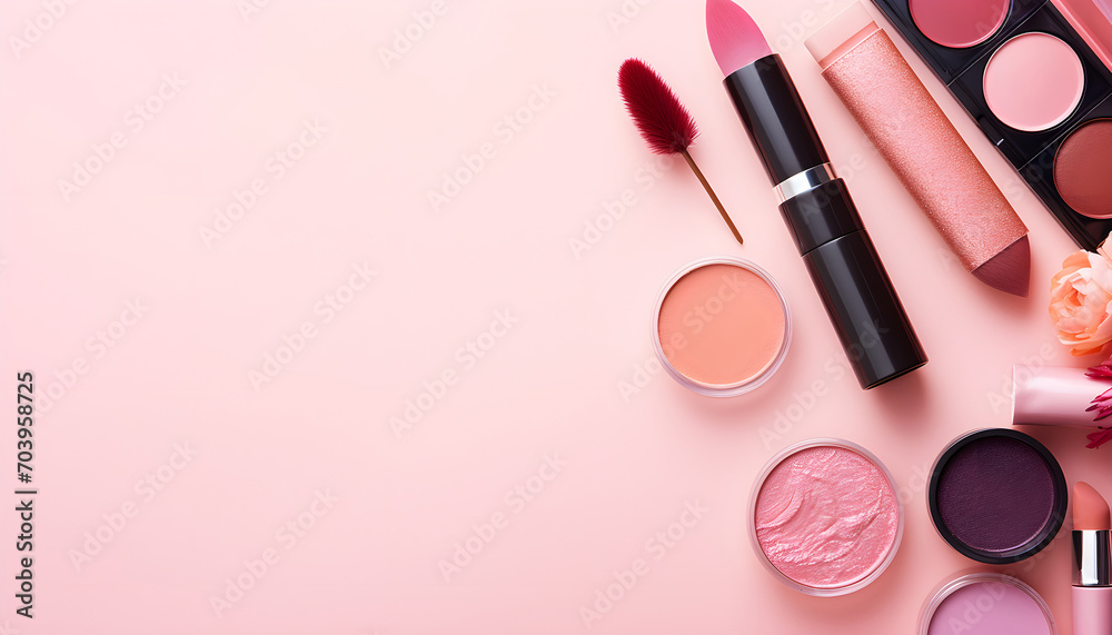 many cosmetics products for makeup on pink pastel background - obrazy, fototapety, plakaty 