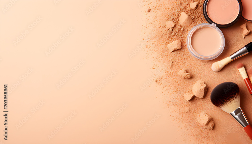 many cosmetics products for makeup on beige pastel background - obrazy, fototapety, plakaty 