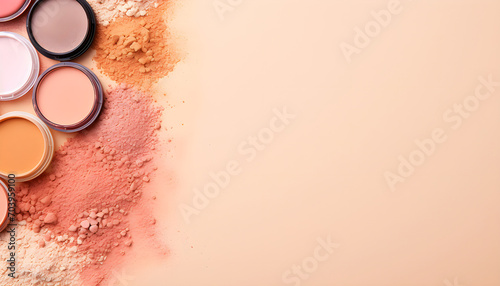 many cosmetics products for makeup on beige pastel background