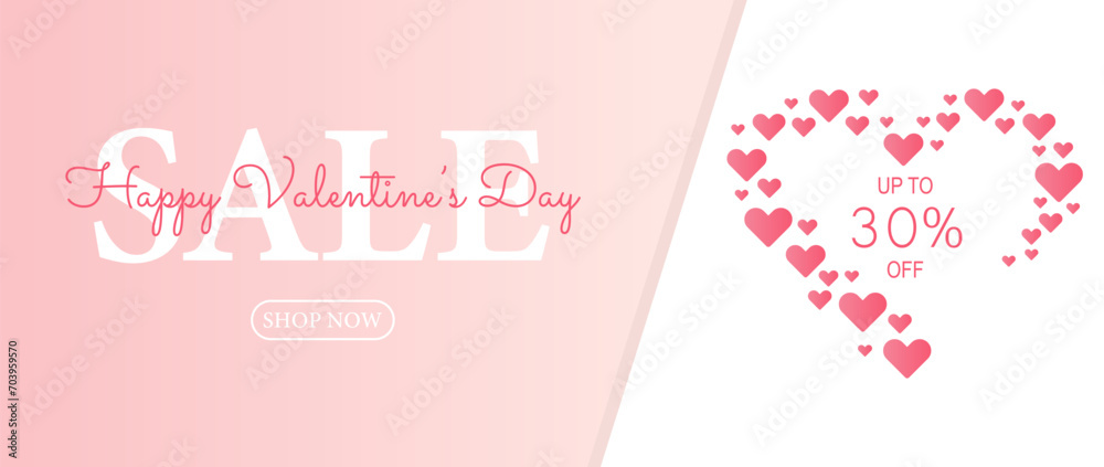 Poster or banner Happy Valentine's day.  Background for sale with hanging hearts. Discount up to 30%. Happy Valentine's day. Header or voucher template with  hearts.