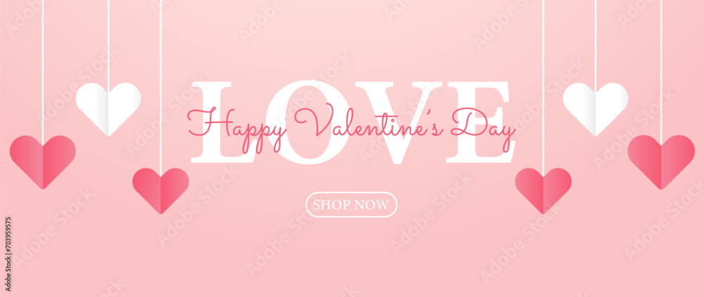 Poster or banner Happy Valentine's day.  Background for sale with hanging hearts.Happy Valentine's day header or voucher template with hanging hearts.