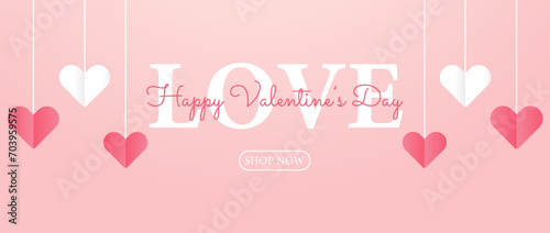 Poster or banner Happy Valentine's day.  Background for sale with hanging hearts.Happy Valentine's day header or voucher template with hanging hearts. photo