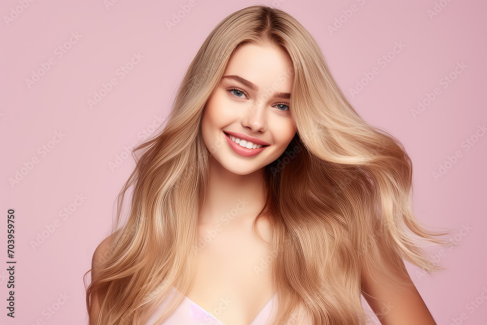 Naklejka premium A radiant portrait of a smiling young woman, featuring long, blonde groomed hair against a soft pastel background, capturing the essence of youthful charm.