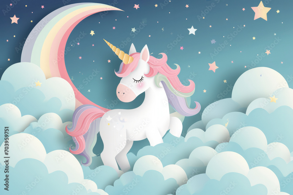 Unicorn in paper art style with various cute icons vector illustration set a lovely greeting card with a hand drawn unicorn among stars and fluffy clouds