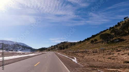 Road trip in Patagonia. Point of view of a car driving along the road across the valley. View of the mountains and Araucaria araucana trees forest at sunset. The hiding sun creates a lens flare.	