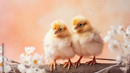 Cute Easter chickens in the nest spring blossom peach fuzz light background © Natalia