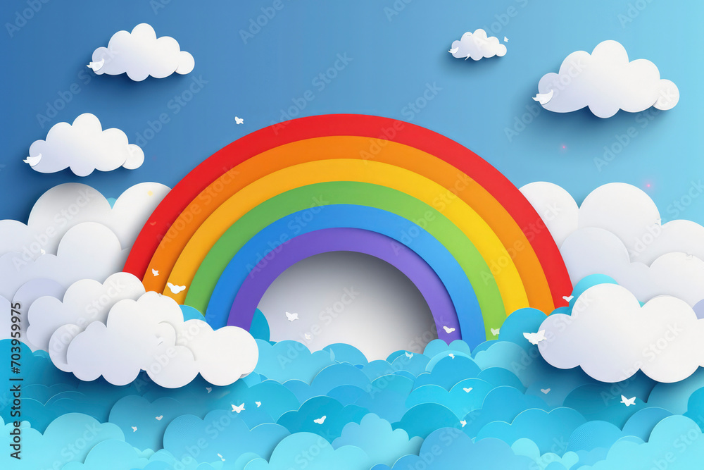 Rainbow vector illustration. The sky is clear with rainbow and bright clouds in the summer banner background. Paper cut Rainbow vector illustration. The sky is clear with rainbow and bright clouds in the summer banner background. Paper cut