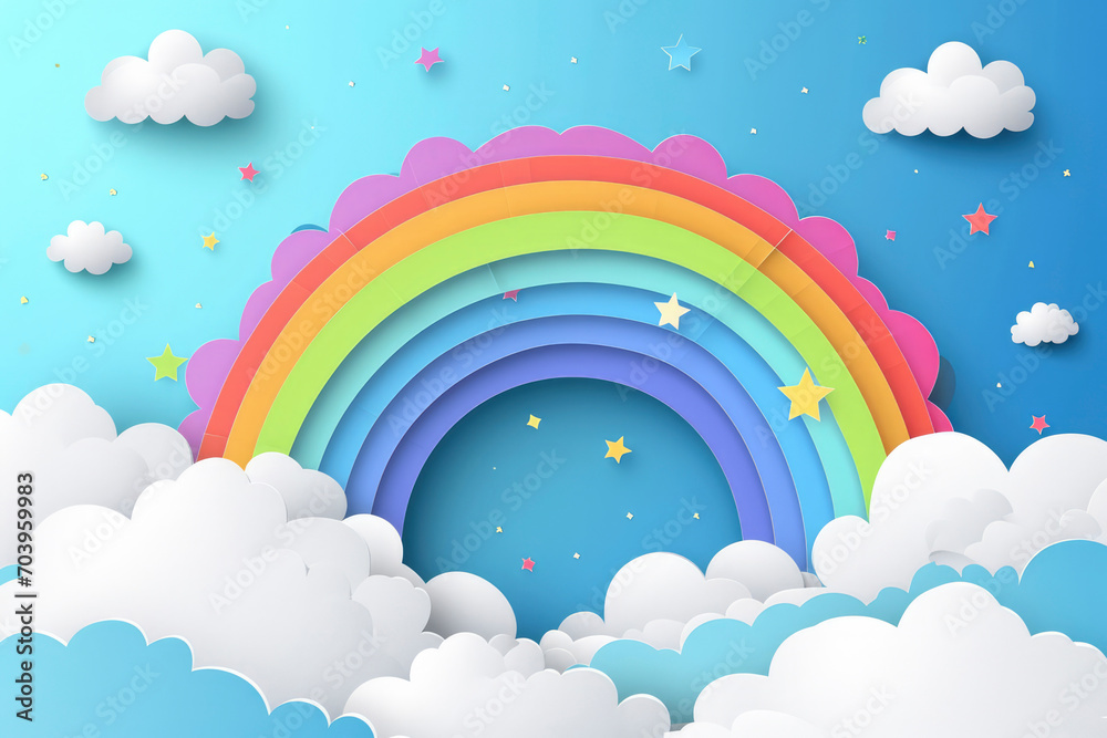 Rainbow vector illustration. The sky is clear with rainbow and bright clouds in the summer banner background. Paper cut