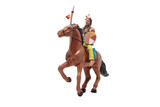 Native american , vintage toy warrior on horseback with spear and shield, on transparent background, 
