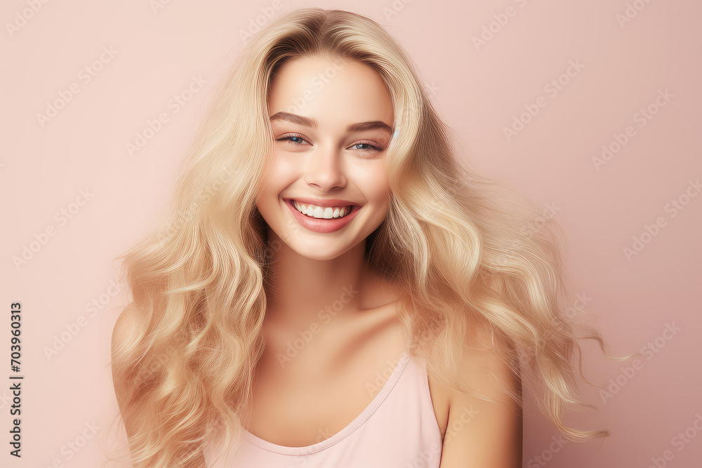 This charming photo captures a cute, young woman with beautiful blonde hair, smiling joyfully, creating a vibrant and lively mood on a simple pastel background. This charming photo captures a cute, young woman with beautiful blonde hair, smiling joyfully, creating a vibrant and lively mood on a simple pastel background.