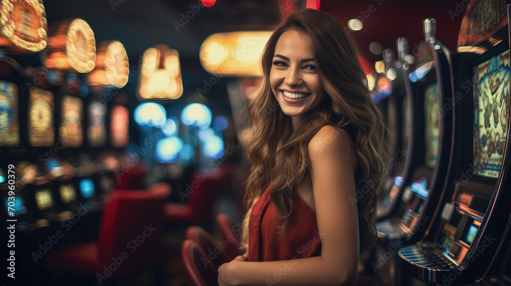 A joyous moment, a happy young woman smiles brightly while posing near colorful slot machines in a lively casino setting.
