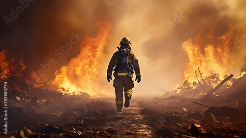 Firefighter in action with a lot of smoke and fire in the background