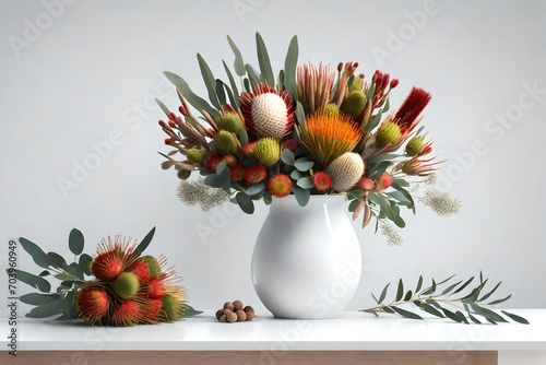 Beautiful floral arrangement of mostly Australian native flowers, including protea, banksia, kangaroo paw, eucalyptus leaves and gum nuts, in a white vase on a white table with a white background. 3d 