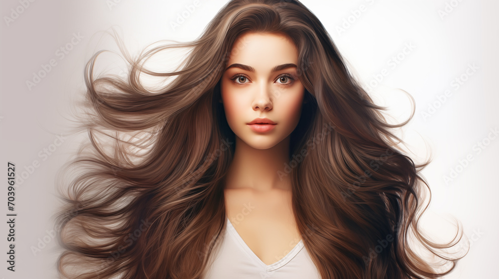 Fototapeta premium Portrait of a beautiful young teenager woman stylish long hair isolated on white background. 