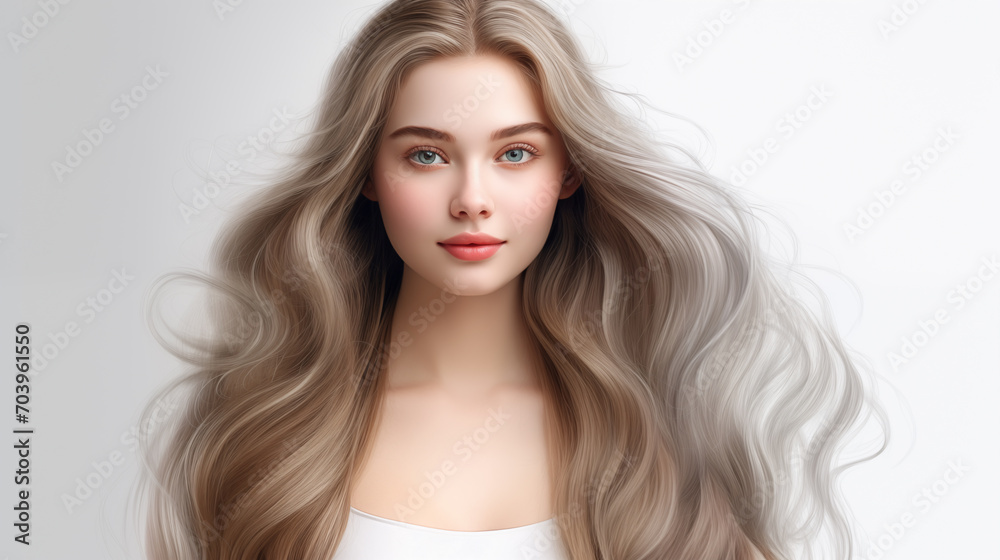 Naklejka premium Portrait of a beautiful young teenager woman stylish long hair isolated on white background. 