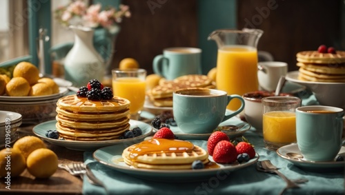 Breakfast with pancakes, berries and orange juice