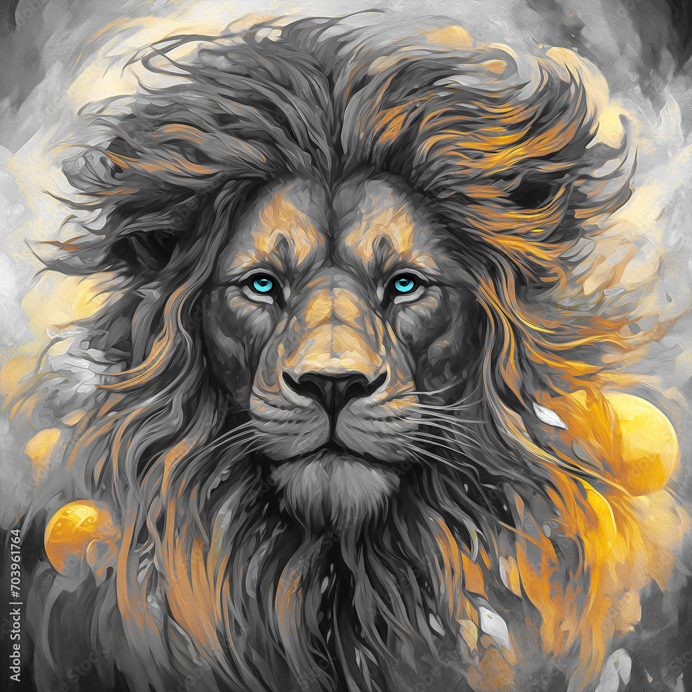 Obraz premium modern painting of golden lion head . The texture of the oriental style of gray and gold canvas with an abstract pattern. artist collection of animal painting for decoration and interior, canvas art.