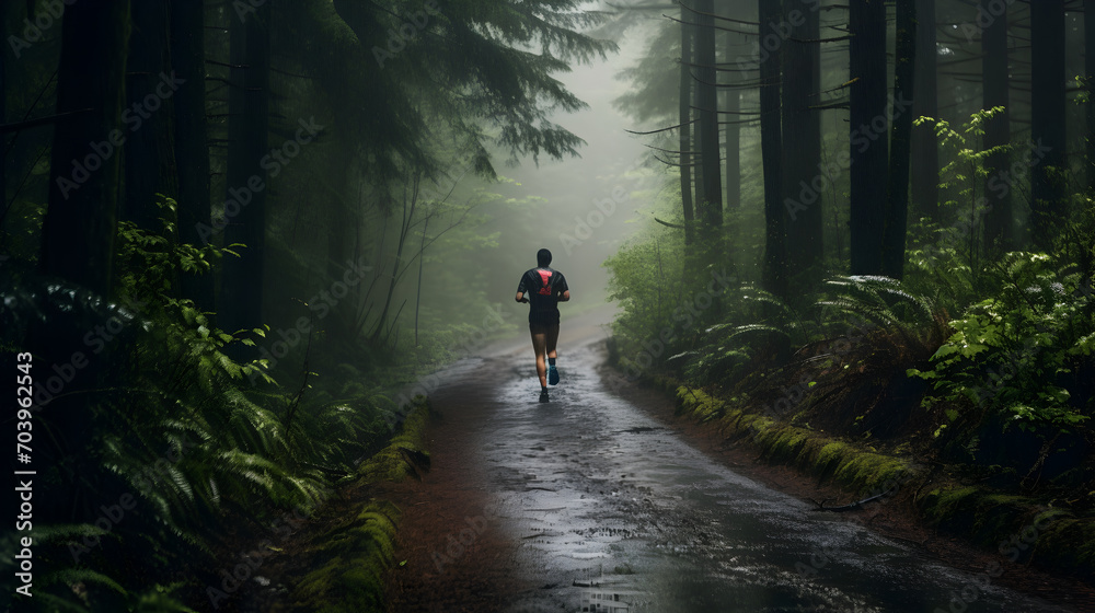 Athlete doing forest trail in the rain