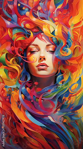 The woman is a rainbow, the woman has long multi-colored hair.