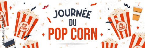 Pop-corn - Bannière pour la journée mondiale du Pop-corn - Titre et illustrations vectorielles festives et joyeuses - Grains de popcorn, pots remplis de pop-corn et sodas - Éléments de cinéma