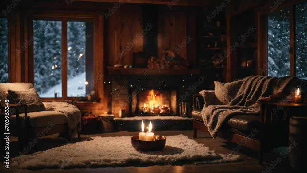 Cozy living room of a winter cabin, lit fireplace warm throw, blankets on sofa, chimney place inside wooden cabin, snowfall outside the window