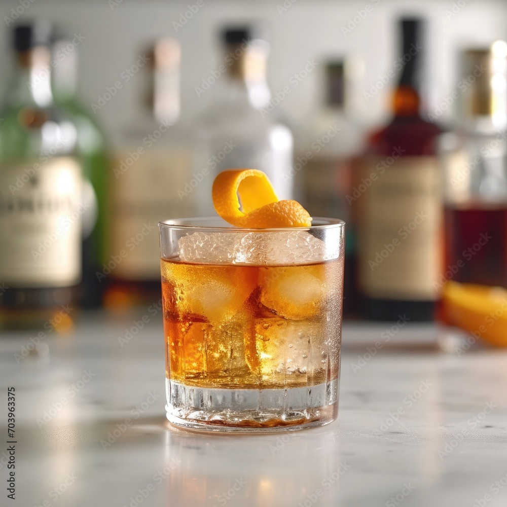 Old fashioned cocktail with orange twist Old fashioned cocktail with orange twist