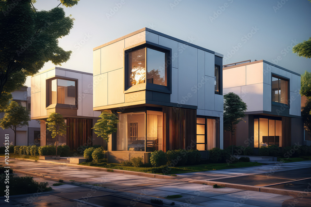 The beauty of modern urban living, features a chic modular private townhouse with a simple yet sophisticated exterior.