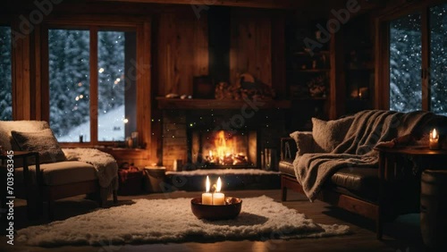 Cozy living room of a winter cabin, lit fireplace warm throw, blankets on sofa, chimney place inside wooden cabin, snowfall outside the window photo