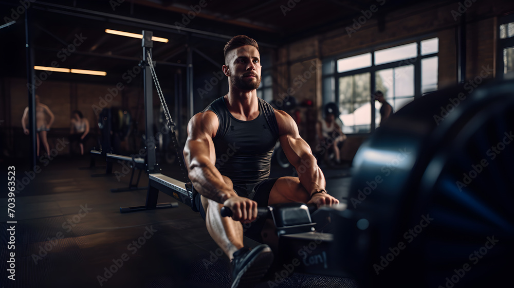 Man using the rowing machine in the gym Man using the rowing machine in the gym