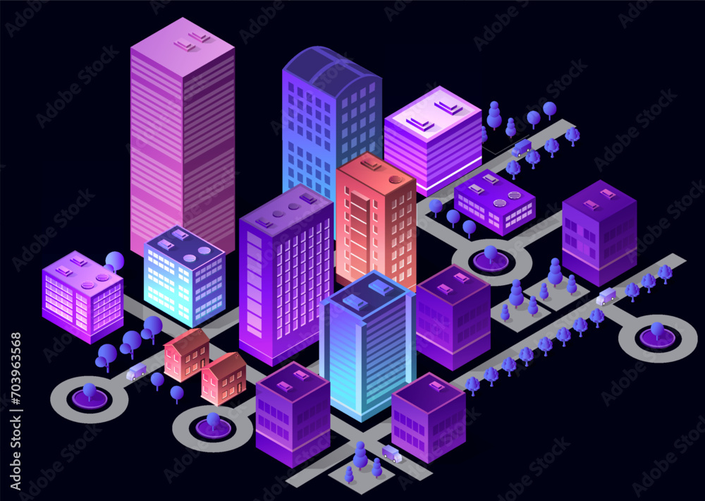 Isometric city of violet colors 3d building modern town street Isometric city of violet colors 3d building modern town street