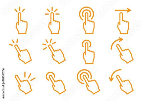 ボタンをクリックタップスワイプする指のアイコンセット素材3オレンジ